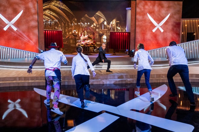 "The Iron Chef: The Quest for an Iron Legend," From the left, Marcus Samuelson, Gabriella Camara, Dominic Crane, and Curtis Stone make a run for food.