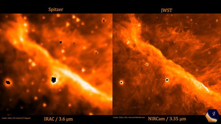 Orion Nebula JWST vs. Spitzer Space Telescope