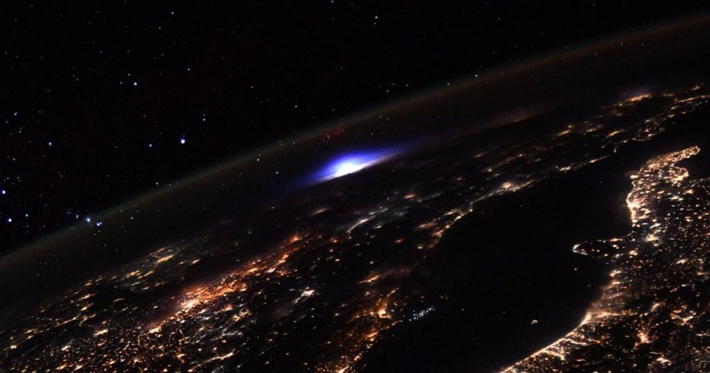 An astronaut catches a rare skyscraper lightning from a space station