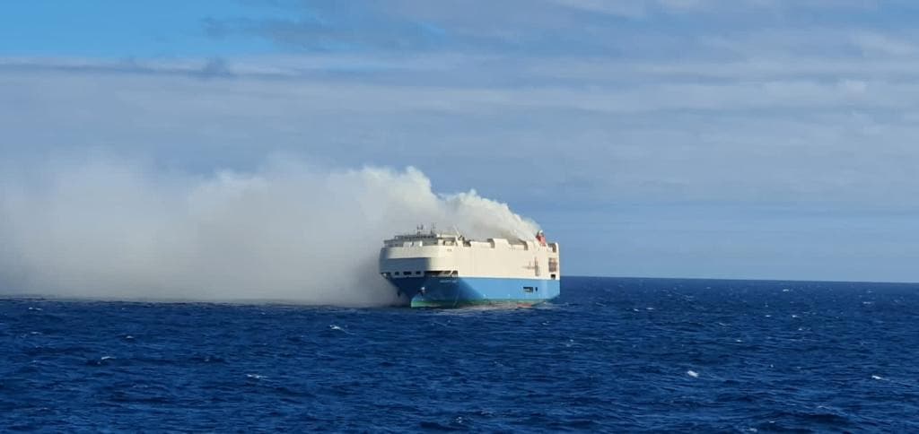 A burning cargo ship carrying Porsche, Volkswagen, Bentley is floating aimlessly in the Atlantic Ocean