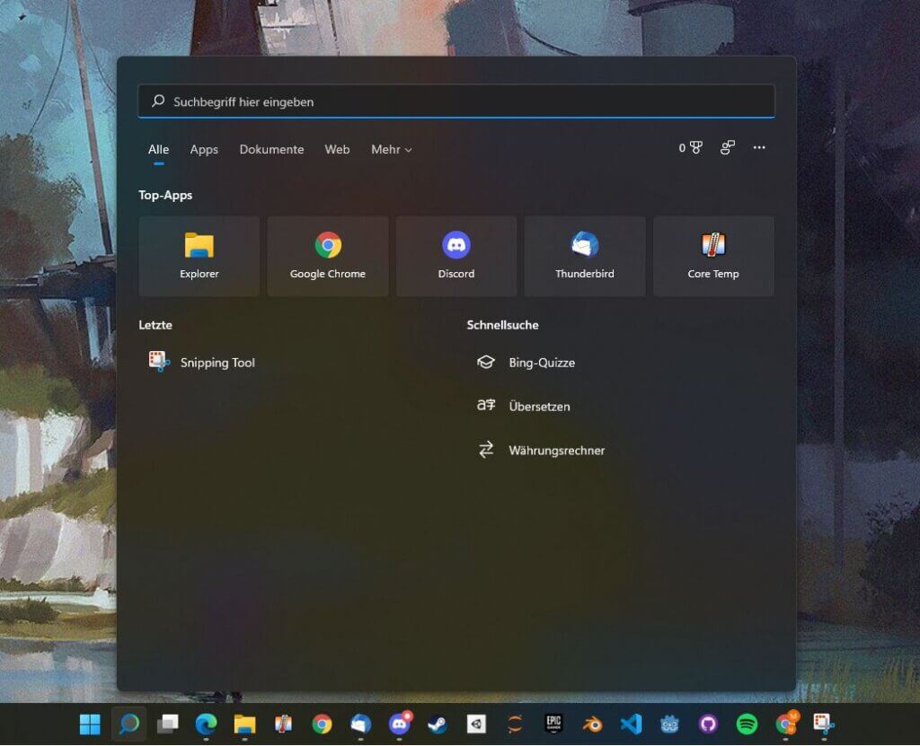 Screenshot of the taskbar and search bar in Windows 11 - Image from the Windows 11 Experience Report