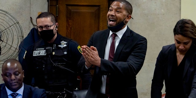 Actress Jussie Smollett speaks to Judge James Lane after reading his sentence at the Leighton Criminal Courthouse, Thursday, March 10, 2022, in Chicago. 