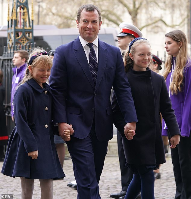 The Queen's great-grandchildren Savannah, 11, and Isla, who is also celebrating her 10th birthday today, along with Prince Philip's great-grandson Peter, arrived to honor their beloved great-grandfather at the Thanksgiving Service today.