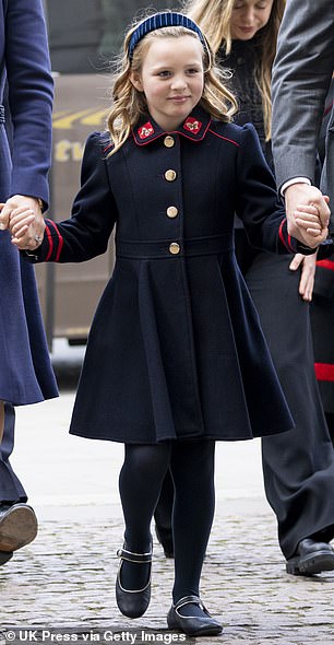 Mia Tindall, 8, looked smart in a navy monsoon coat as she arrived at the memorial service for her great-grandfather, Prince Philip