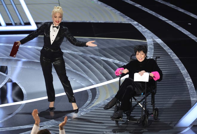 (LR) Lady Gaga and Lisa Minnelli speak on stage during the 94th Annual Academy Awards.