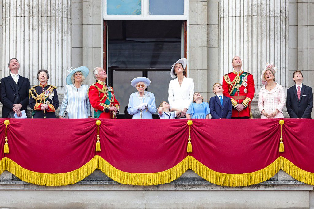 Senior members of the royal family were seen on the balcony of Buckingham Palace on Thursday.  Harry and Markle had to wait inside. 