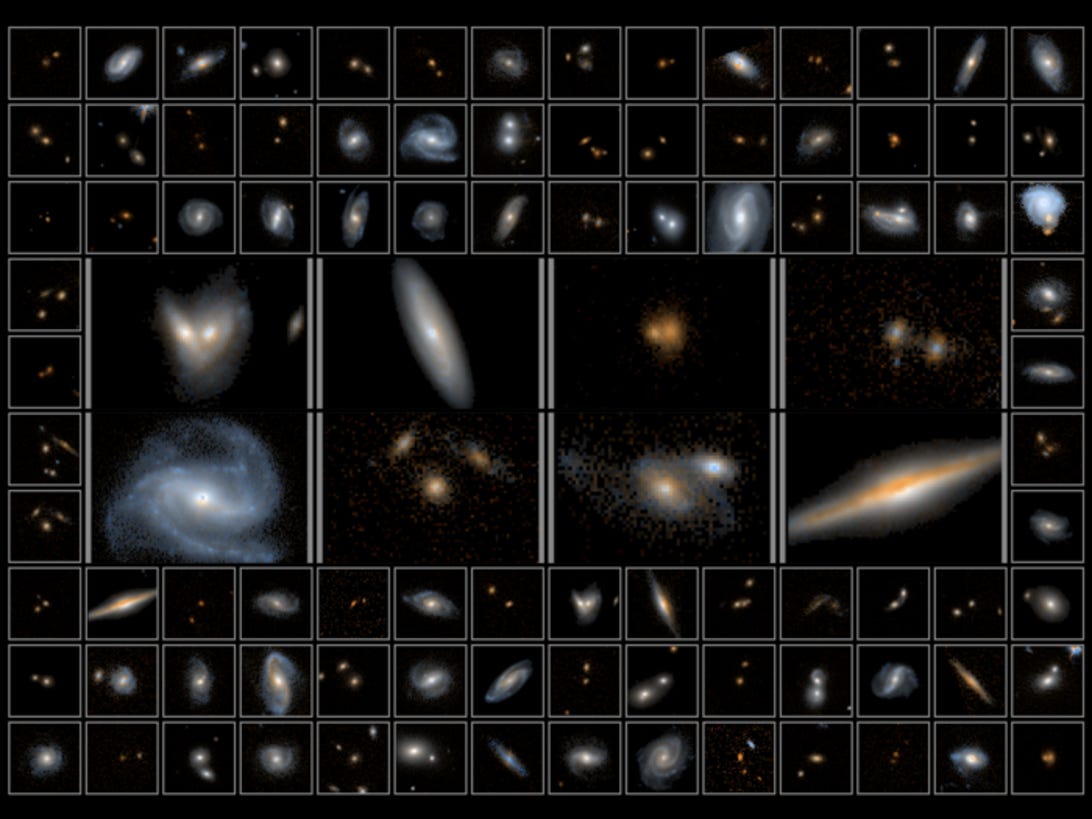 Photo mosaic showing a variety of galaxies