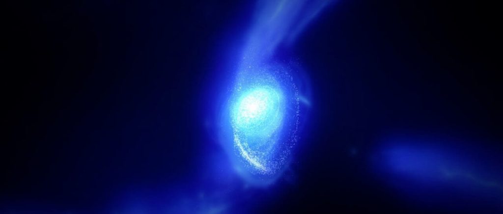 【▲ 132.8億光年先の銀河「MACS-1149-JD1」の想像図（Credit: ALMA (ESO/NAOJ/NRAO)）】