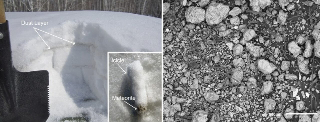 【▲ Figure 2: Dust from the Chelyabinsk meteorite preserved in layers among the accumulating snow (Image source: Taskaev, et al.)】