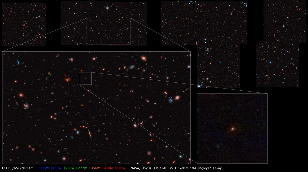 The dark background of space shows different angles of the Maisie galaxy.  The nearest copy of the image is in the lower left, depicting a reddish spot of light.