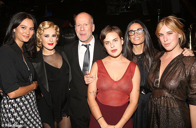 Powerful Family: Bruce also shares daughters Rumer, 33, Tallulah, 28, and Scout, 30, with ex-wife Demi Moore, 59;  From left, Emma, ​​Rumer, Bruce, Tallulah, Demi and Scouts in New York, 2015