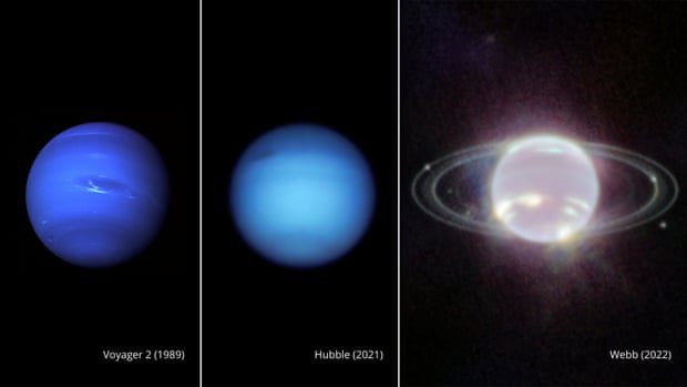 Side-by-side photos of Neptune taken by Voyager 2 in 1989, Hubble in 2021, and Webb in 2022.