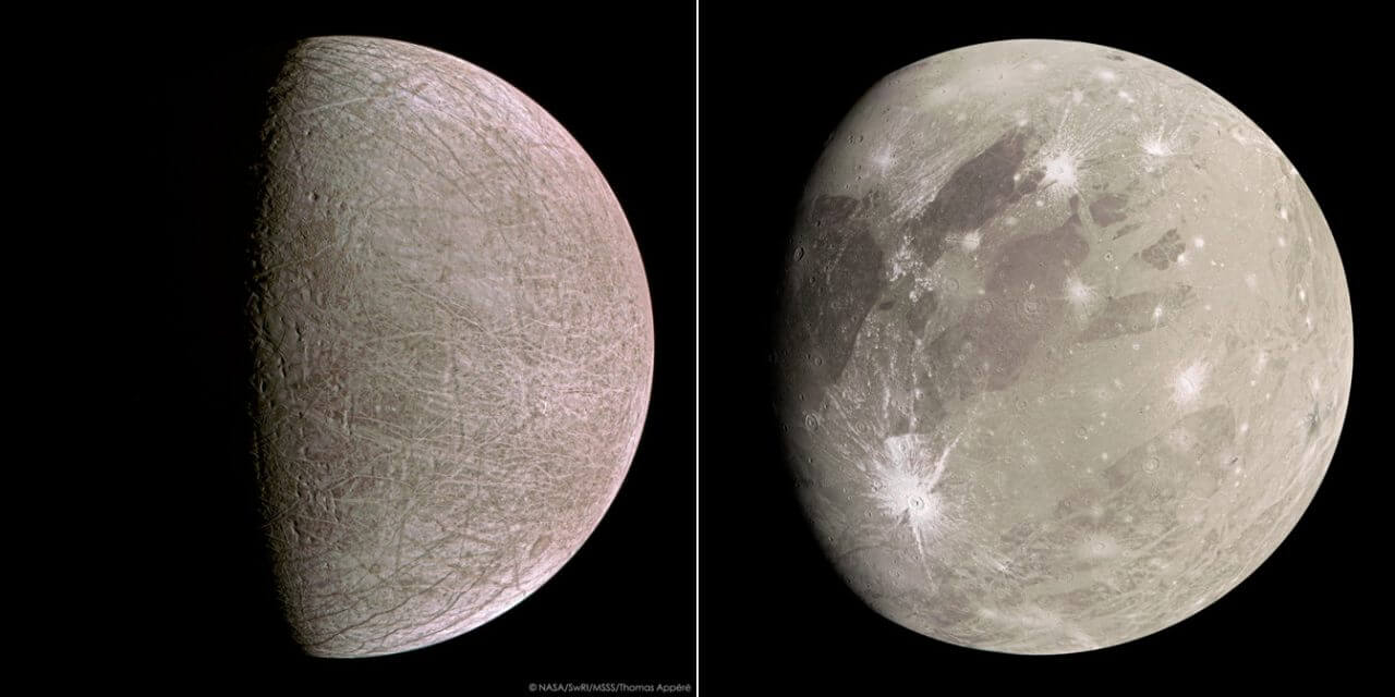 [▲ الصورة المرجعية: Europa (يسار) و Ganymede (يمين) تم التقاطها بواسطة مركبة الفضاء Juno التابعة لناسا (الائتمان: يسار: NASA / SwRI / MSSS / Thomas Appéré ، إلى اليمين: NASA / JPL-Caltech / SwRI / MSSS / Kevin M. Gill) ]